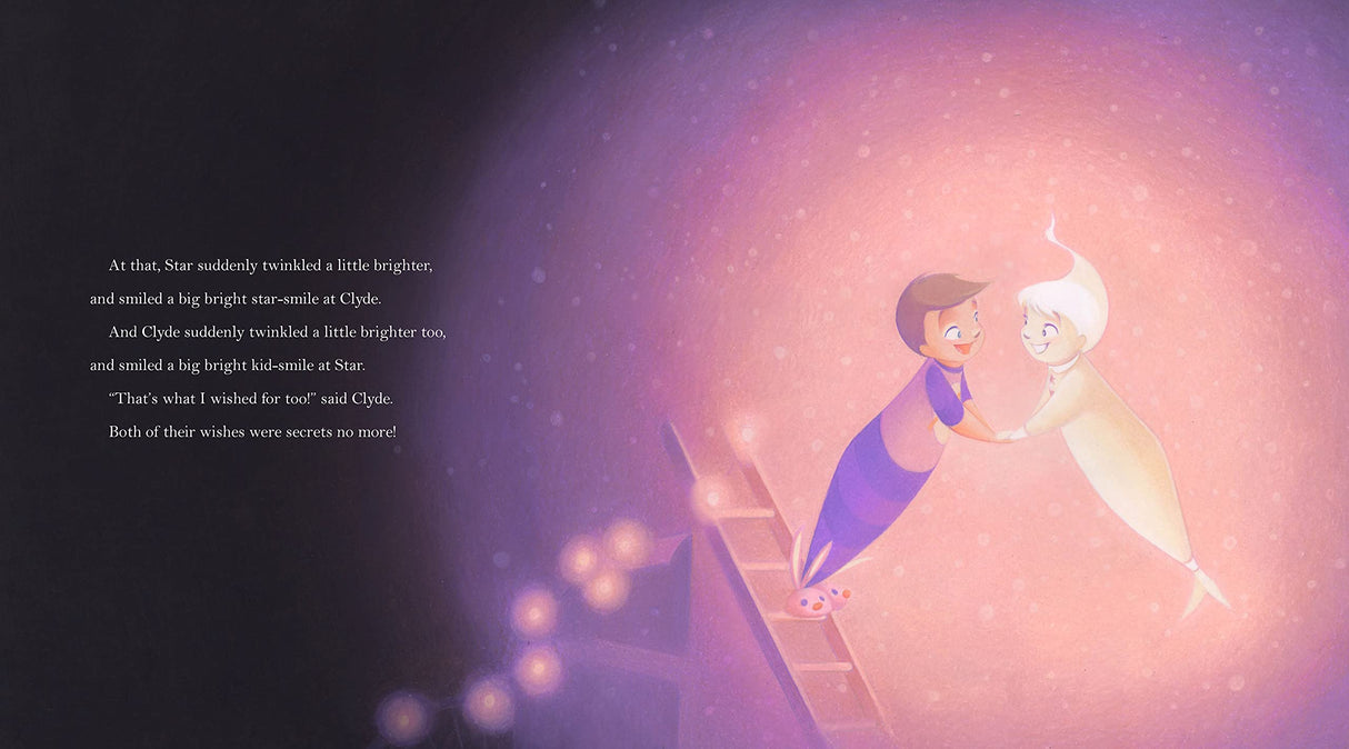 Illustration from Twinkle, Twinkle Little Kid showing Clyde and Star holding hands surrounded by glowing lights and stars.
