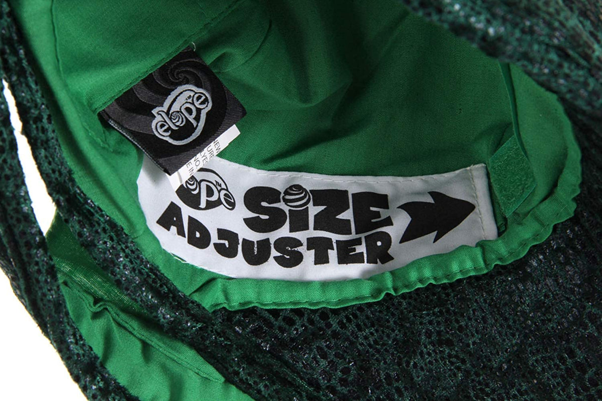 Close-up of the size adjuster label inside the T-Rex Hat, designed to fit kids and adults comfortably.