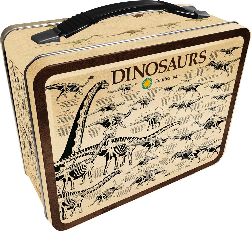Dinosaurs Tin Fun Box featuring 3D embossed dinosaur illustrations, sturdy handle, and latch, perfect for storage and play.
