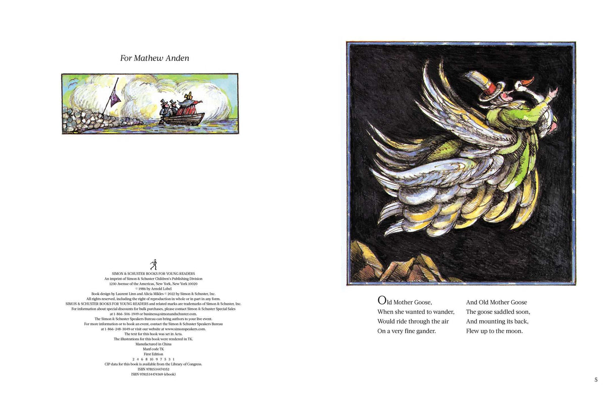 The Arnold Lobel Book of Mother Goose open page showing illustrated goose flying with a child, colorful classic rhyme artwork.