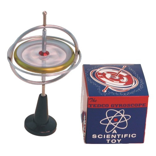 Retro Gyroscope toy with pedestal and retro packaging illustrating classic gyroscopic inertia educational play.