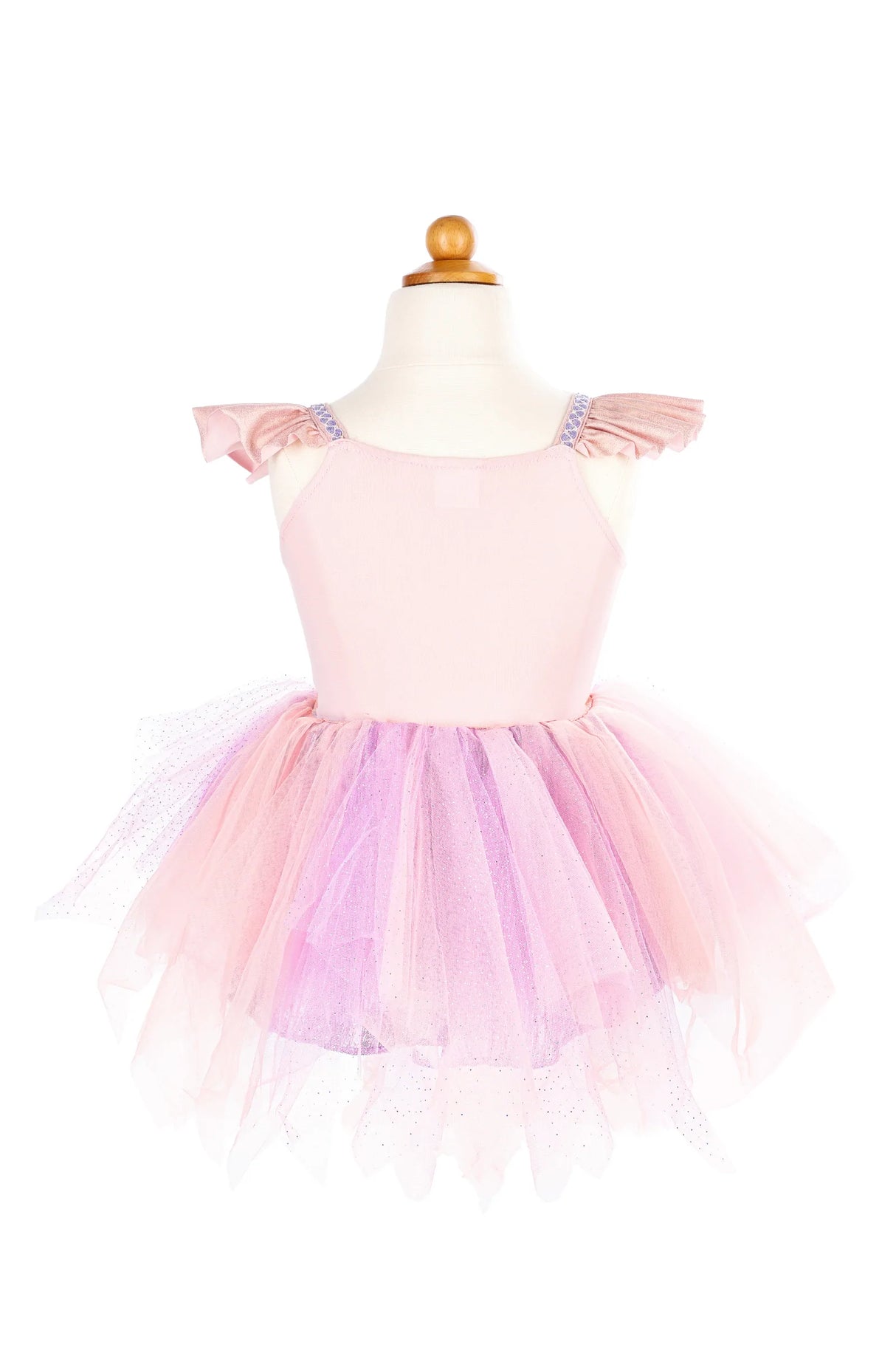 Pink Shimmer Unicorn Dress & Headband Size 5-6 with ruffled cap sleeves and purple tulle skirt on mannequin.