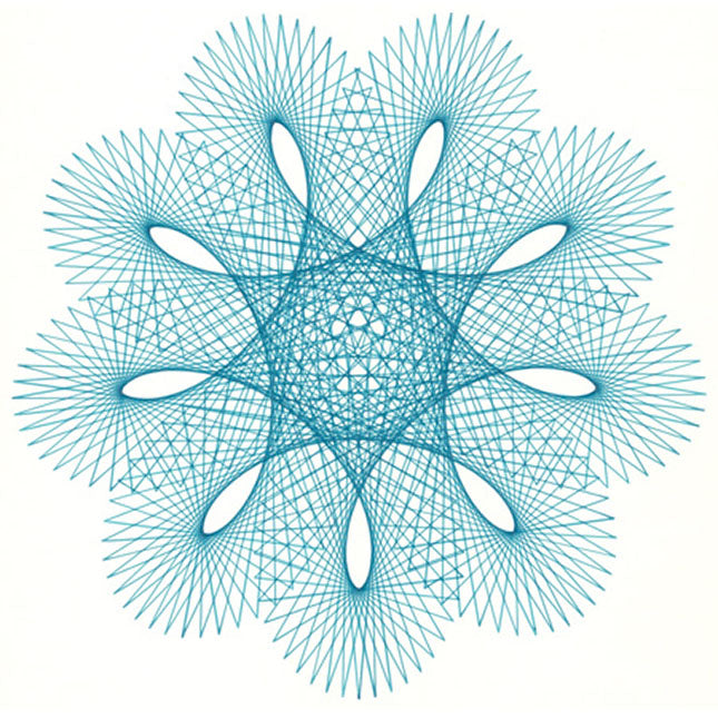 Intricate blue geometric design created with the Spirograph Original, showcasing the classic spiral pattern artistry.