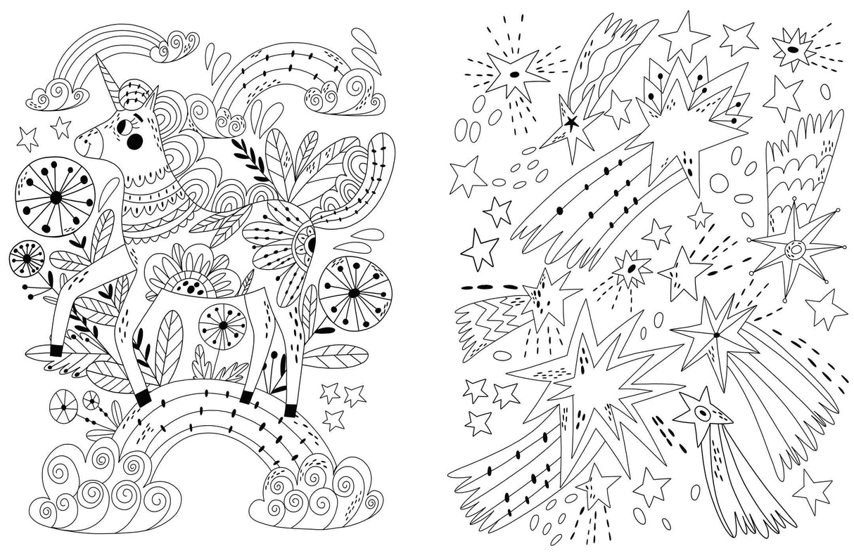 Calming Coloring For Kids featuring intricate celestial and animal scenes designed to inspire creativity and mindfulness.