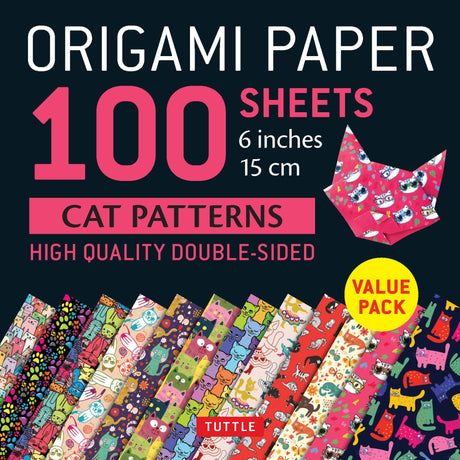 Origami Paper Cat Patterns pack with 100 double-sided colorful sheets featuring unique cat illustrations.