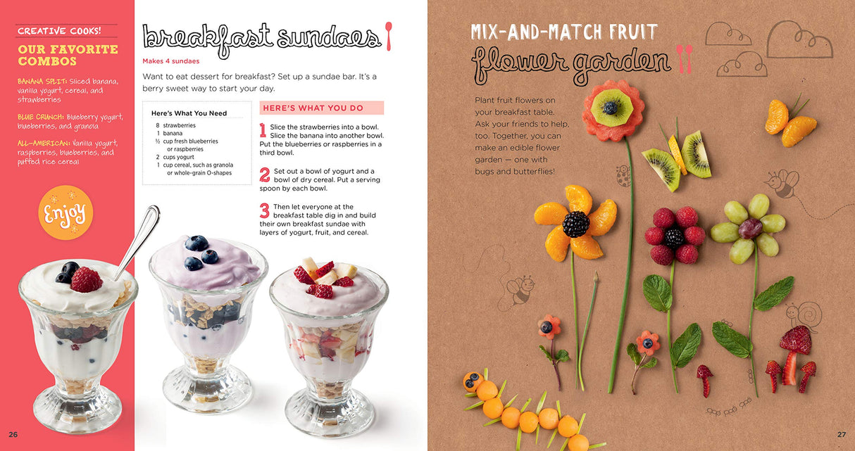 Cooking Class book showing kid-friendly breakfast sundaes and creative mix-and-match fruit flower garden recipes.
