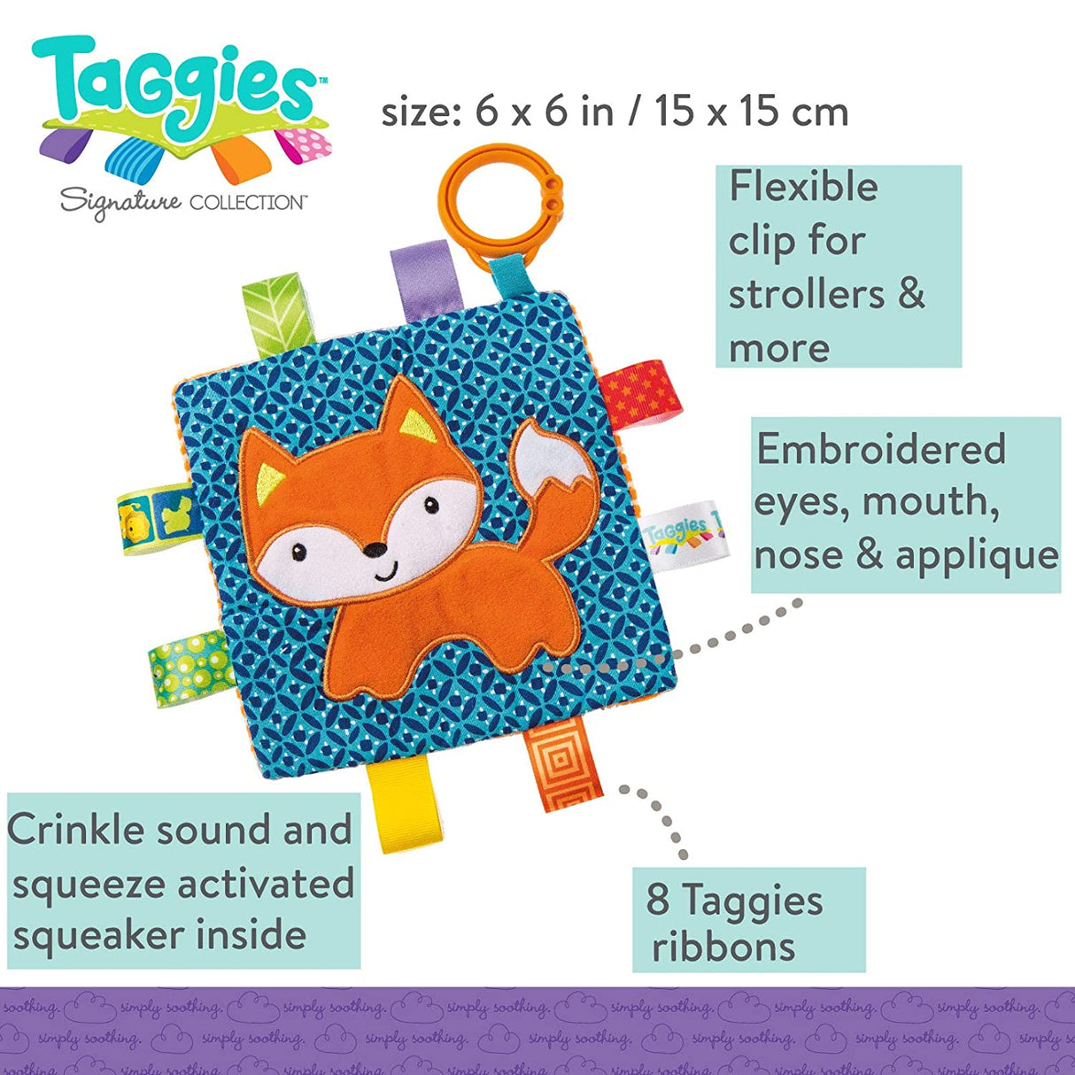 Taggies Crinkle Me Fox soft activity toy with crinkle sound, squeaker, flexible clip, and 8 colorful Taggies ribbons.