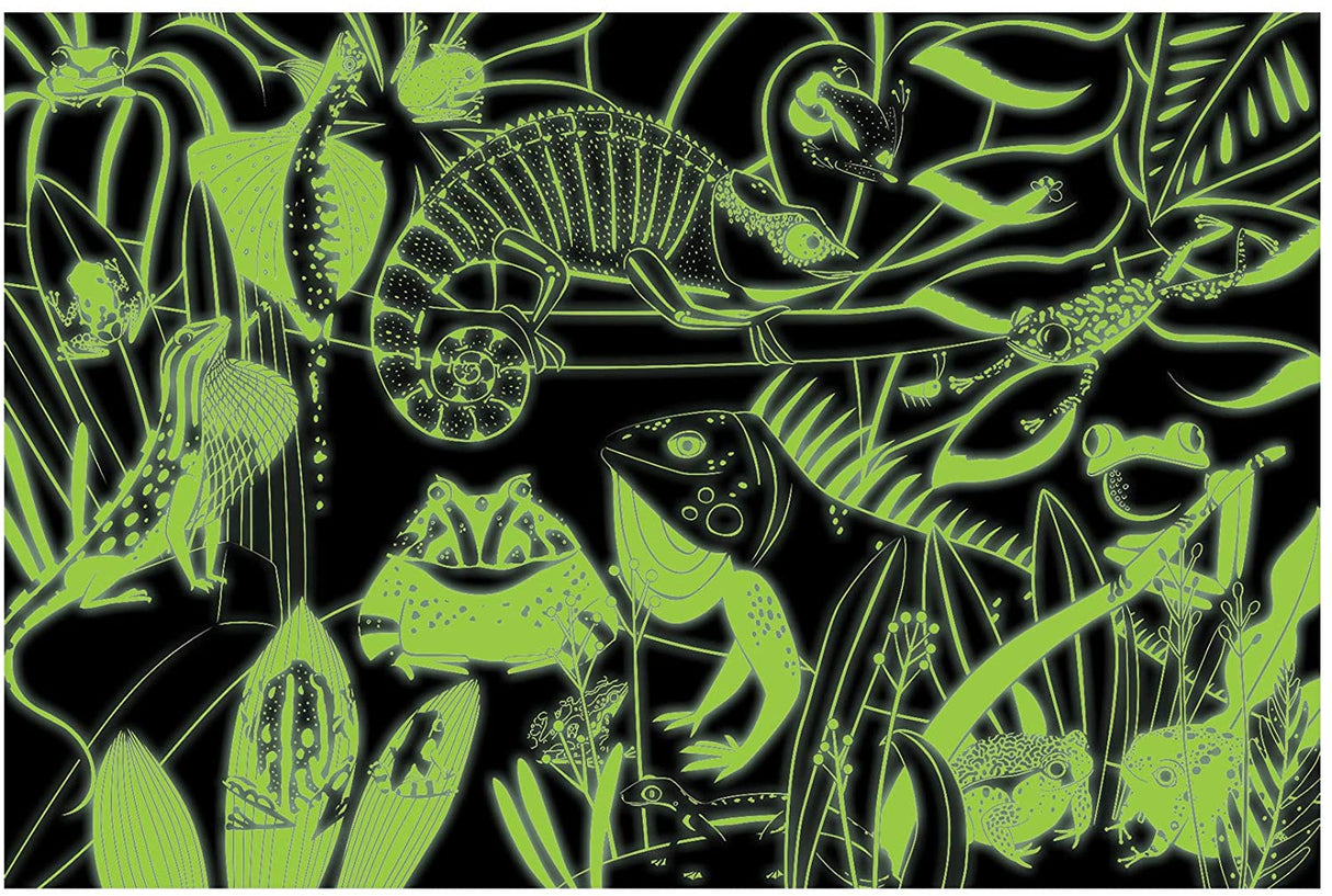 100pc Frogs & Lizards Glow Puzzle showing glowing amphibians and reptiles in a dark, vibrant nature scene.