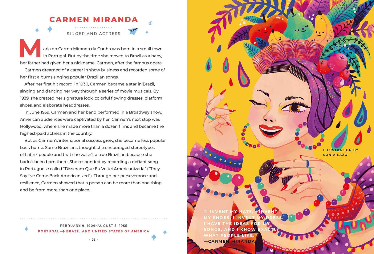 Good Night Stories for Rebel Girls: 100 Immigrant Women Who Changed the World book page featuring Carmen Miranda illustration and biography.