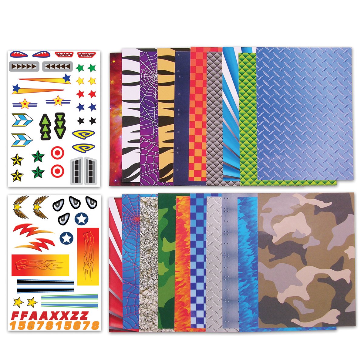 Paper Airplane Squadron craft kit with colorful printed papers and stickers for creating and decorating 20 unique paper airplanes.