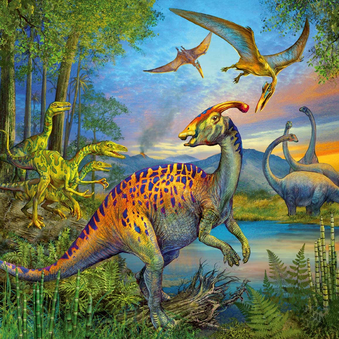 49pc Dinosaur Puzzles showing colorful dinosaurs in a prehistoric landscape with flying pterosaurs and lush greenery.