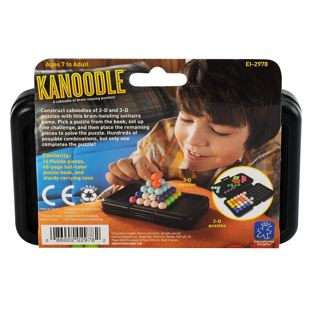 Kanoodle puzzle game with colorful 3D and 2D puzzles, 12 pieces, puzzle book, and carrying case for ages 7 to adult.