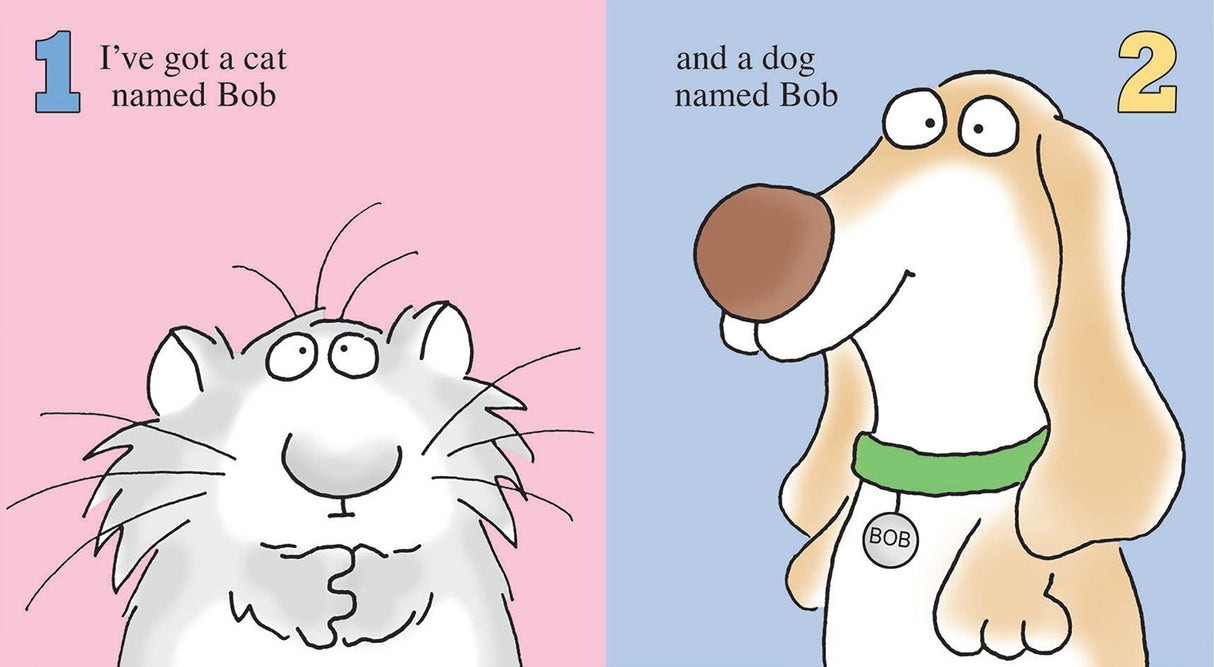 Illustration from Fifteen Animals showing a cat and dog named Bob with playful, colorful backgrounds and simple text.