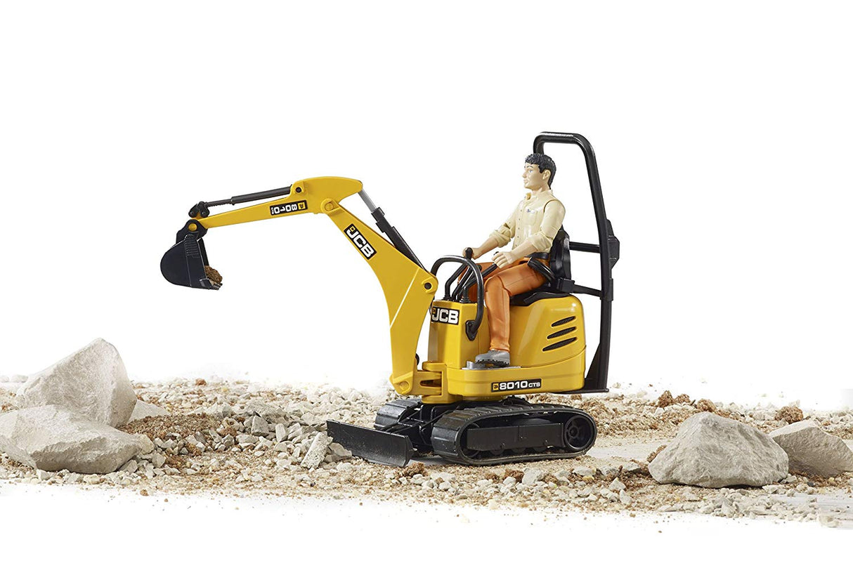 JCB Micro Excavator 8010 CTS toy with movable arm, 360° rotation, crawler tracks, and seated figure.