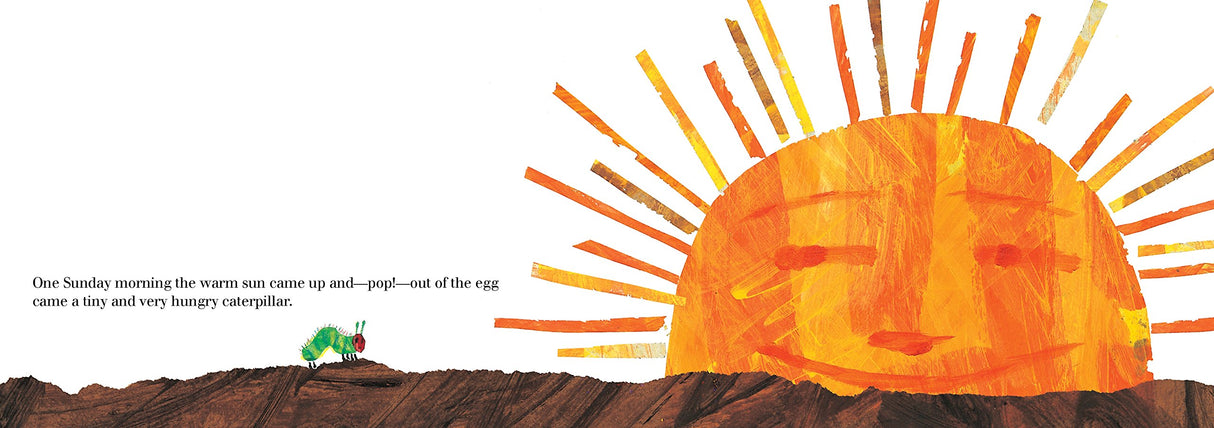 The Very Hungry Caterpillar board book open to a page showing a sun and a small green caterpillar on the ground.