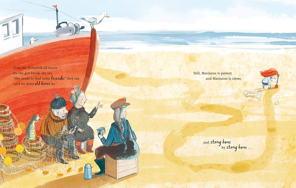 Girl and the Dinosaur shows a seaside scene with Marianne, a dog, and fishermen watching her on the beach.