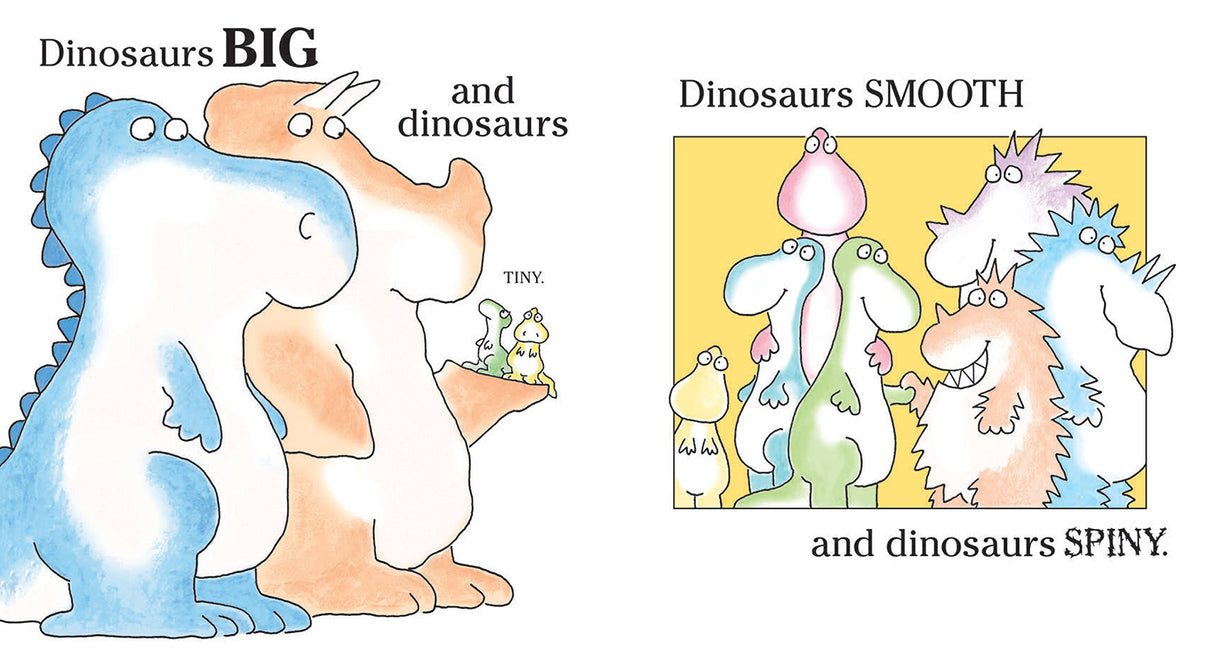 Oh My Dinosaurs board book showing big and tiny dinosaurs, smooth and spiny dinosaurs, colorful and playful illustrations.
