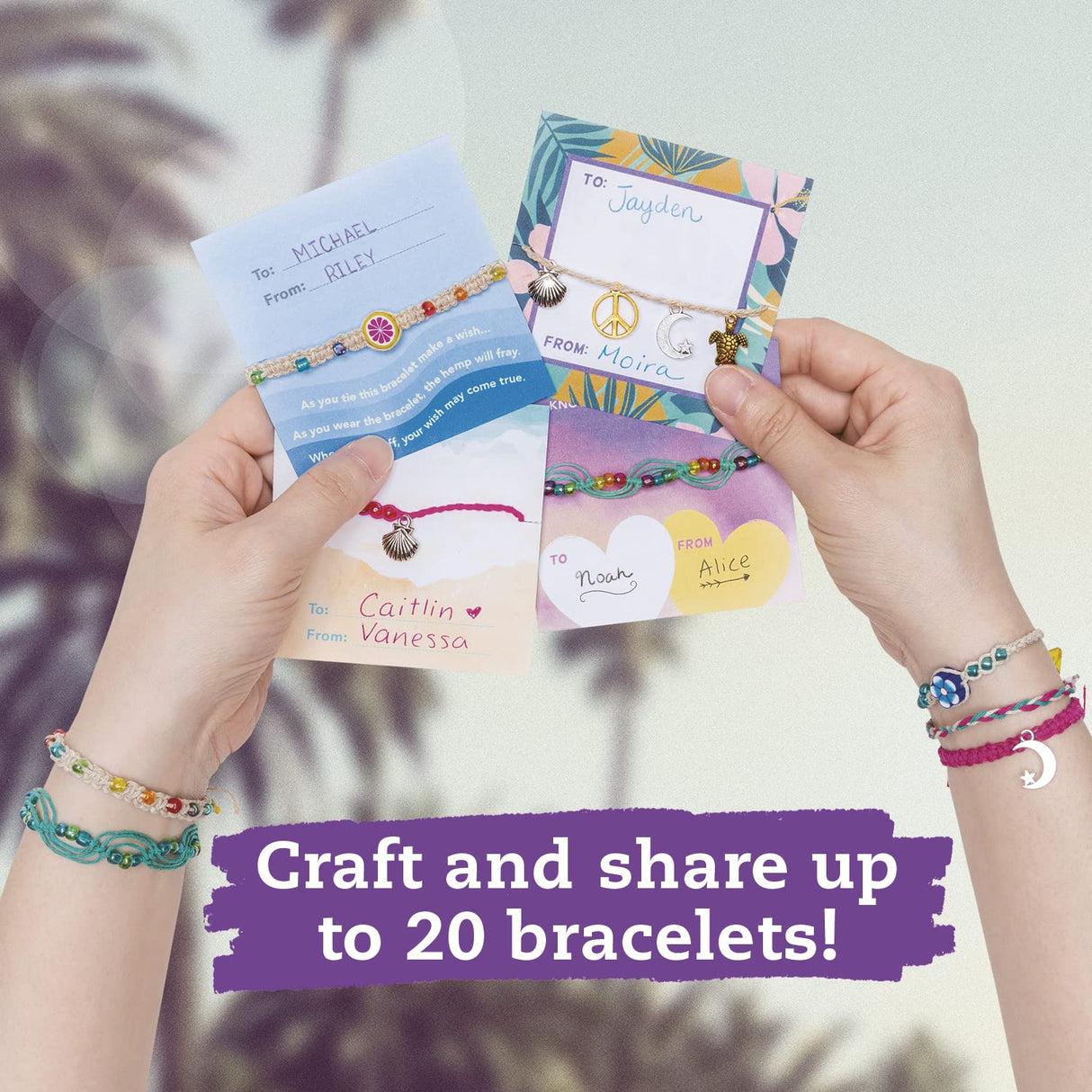 Hands holding Friendship Wish Bracelets with colorful beads, charms, and personalized gift cards for making and sharing wishes.