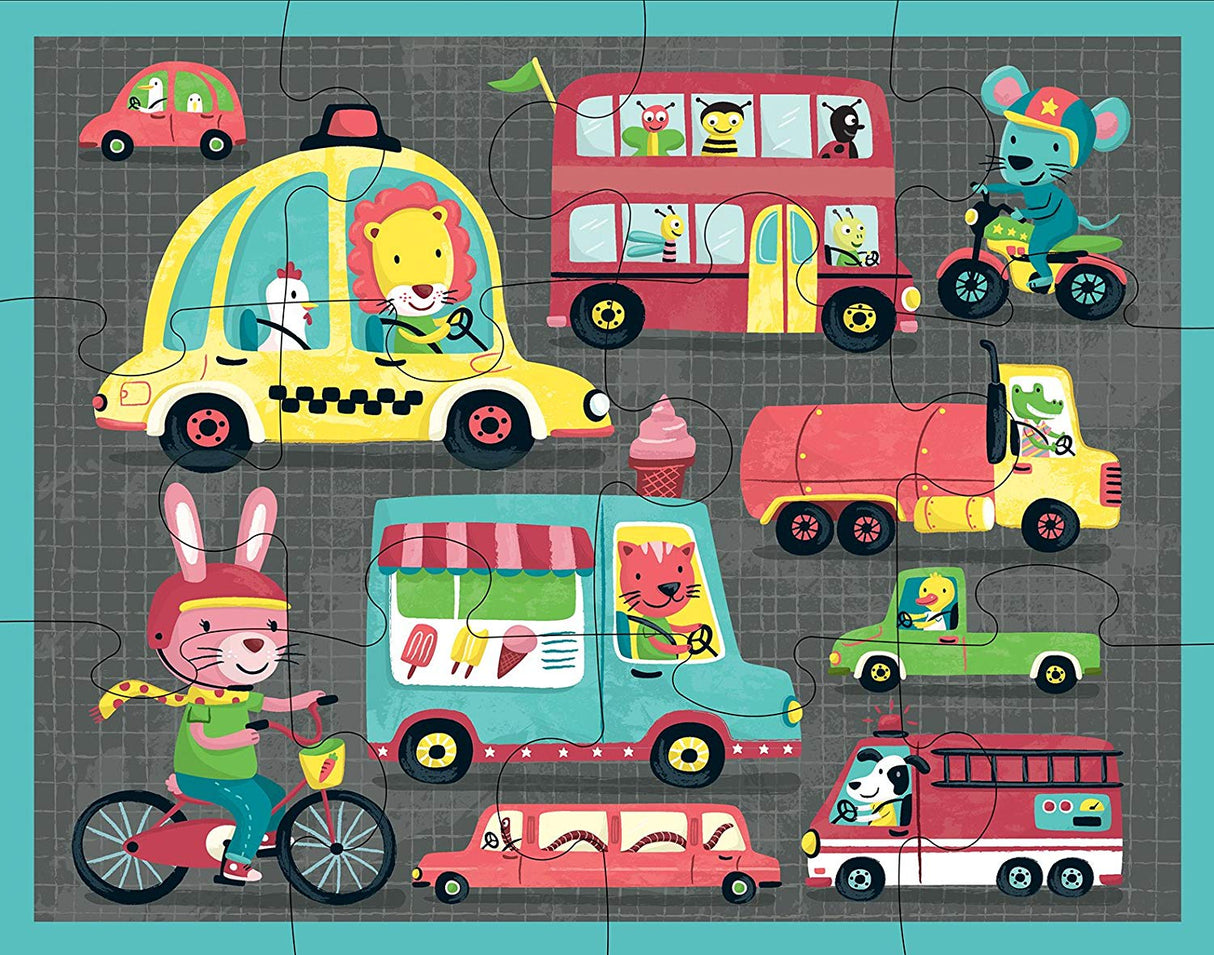 12pc On the Road Pouch Puzzle featuring animals driving colorful vehicles in a fun, child-friendly design on thick puzzle pieces.