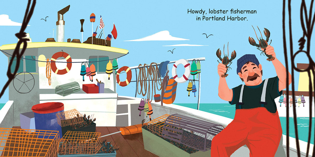 Good Night Portland Maine shows a friendly lobster fisherman on a boat in Portland Harbor with lobsters and fishing gear.