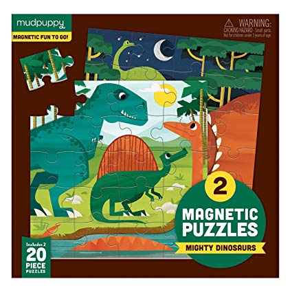 20pc Mighty Dino Magnetic Puzzle with two colorful dinosaur-themed magnetic puzzles, each containing 20 pieces in a portable tri-fold case.