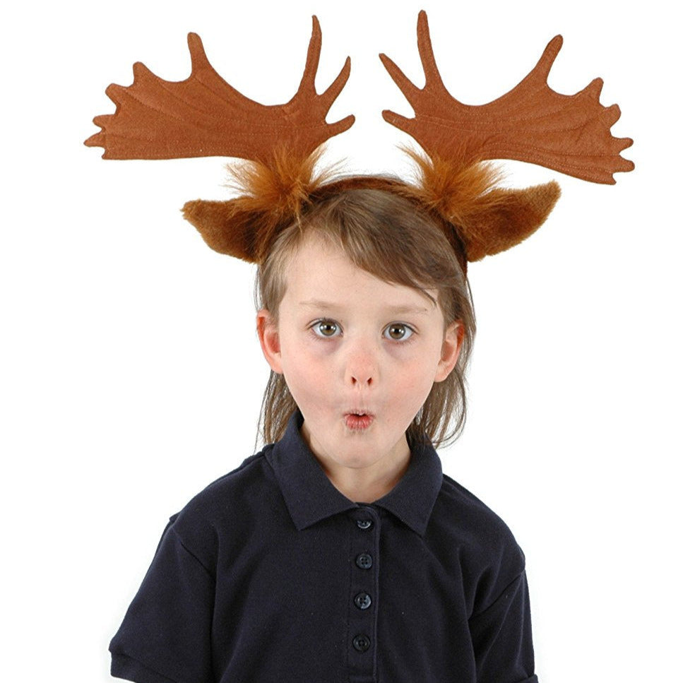 Child wearing Moose Antler Headband with bendable velvet antlers and faux fur ears on a black shirt.