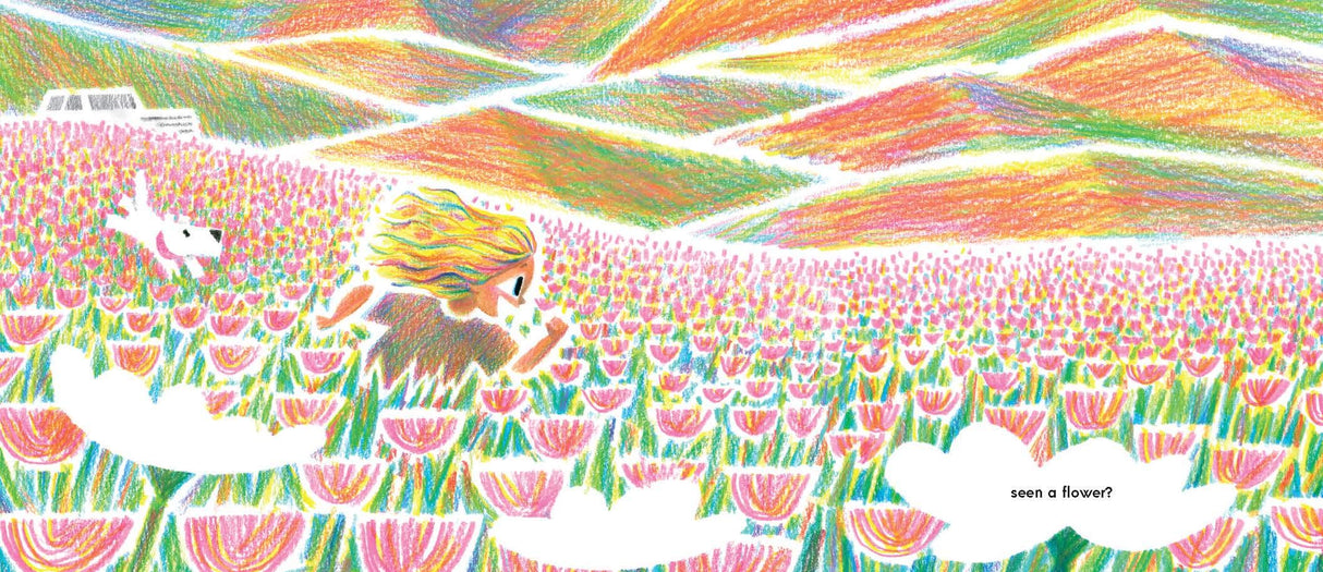 Have You Ever Seen a Flower? illustration showing a child and dog running through a colorful flower field in nature.