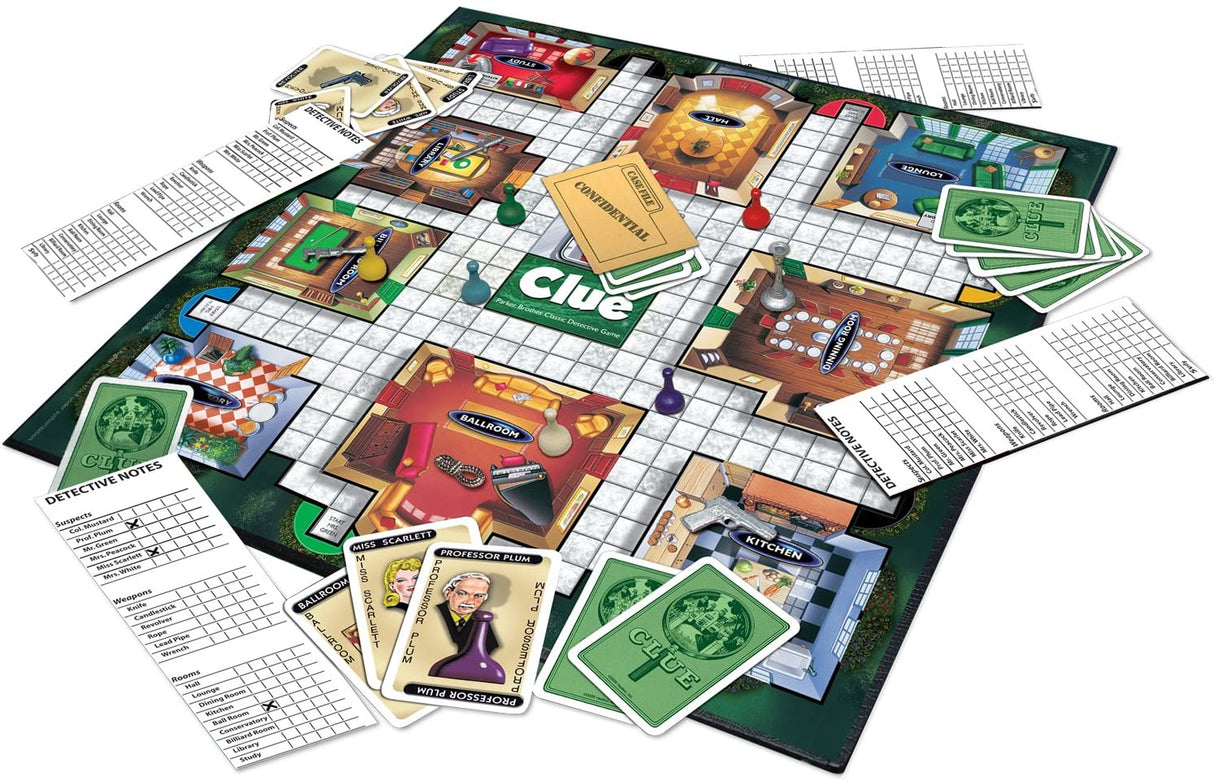 Classic Clue board game set up with gameboard, suspect tokens, weapons, cards, and detective notebook pads.