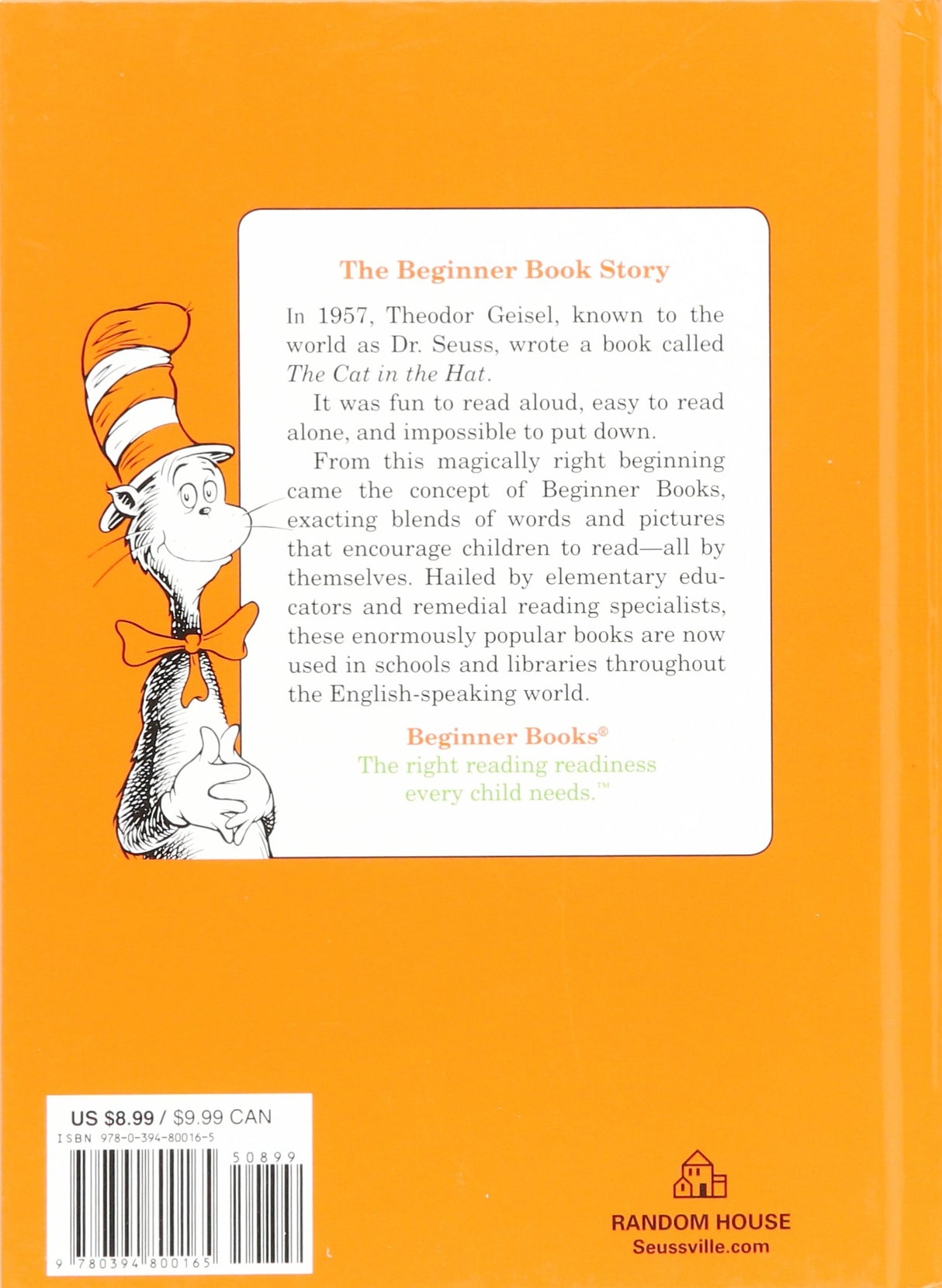 Back cover of Green Eggs and Ham showing The Cat in the Hat character and book story details on orange background.