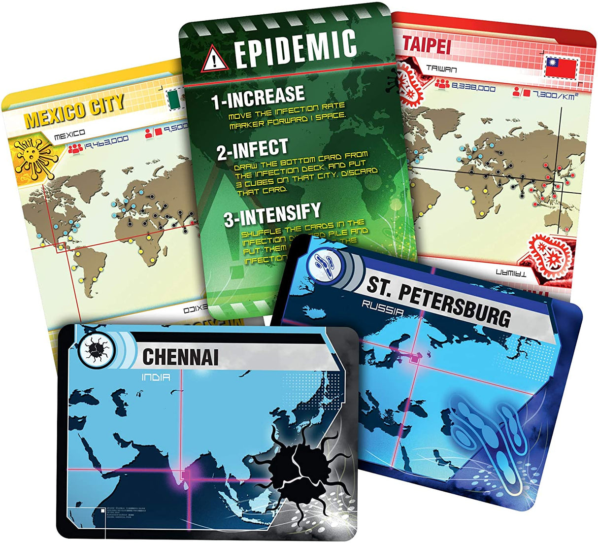 Pandemic game cards showing infected cities and epidemic event with detailed outbreak instructions.