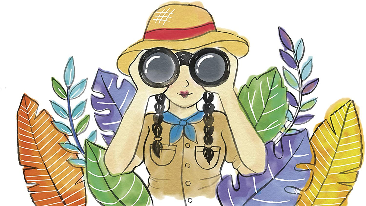 Watercolor Wonders features a girl explorer with binoculars surrounded by colorful whimsical leaves.