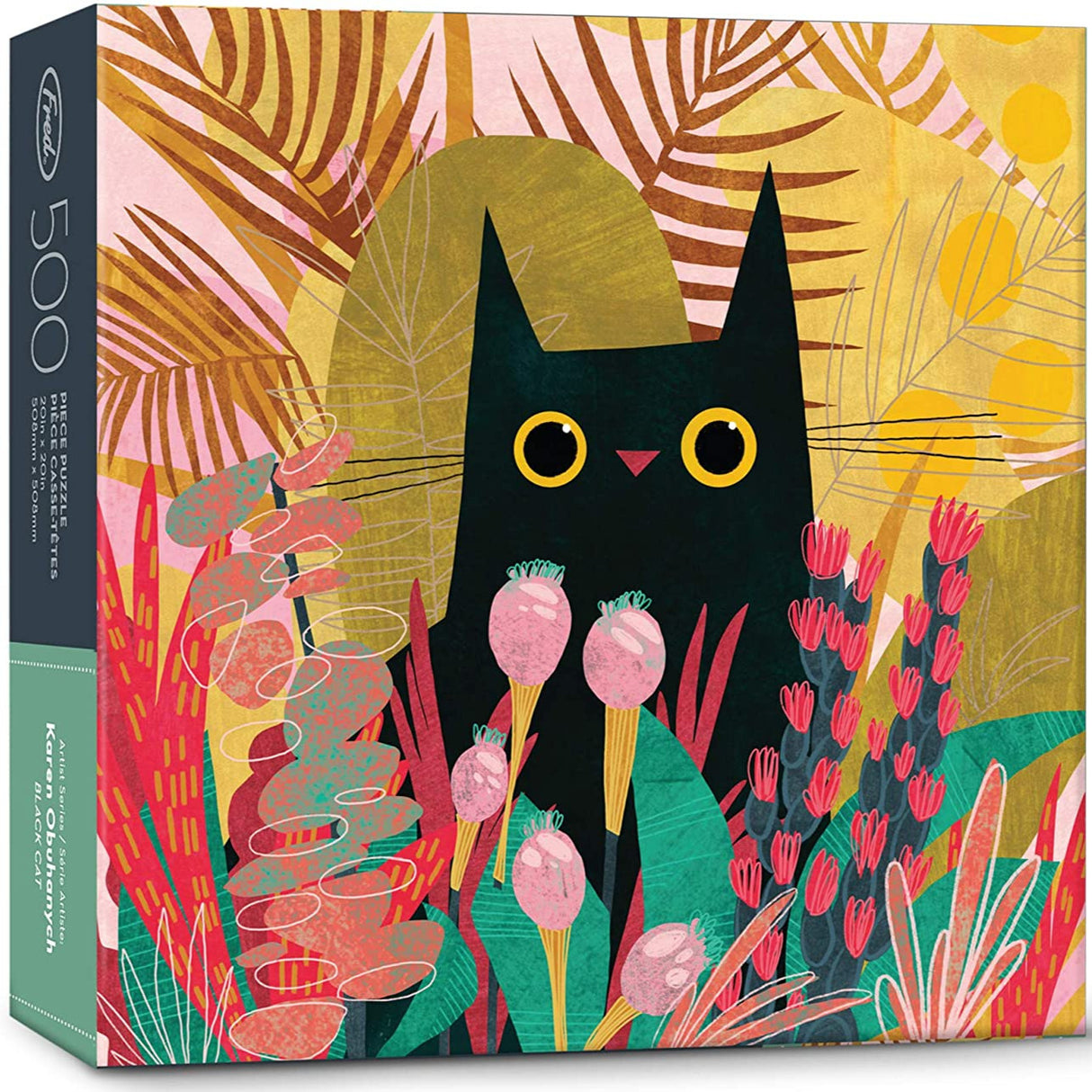 500pc Black Cat Puzzle featuring a black cat in a colorful garden with vibrant plants, perfect for family fun and hobbies.