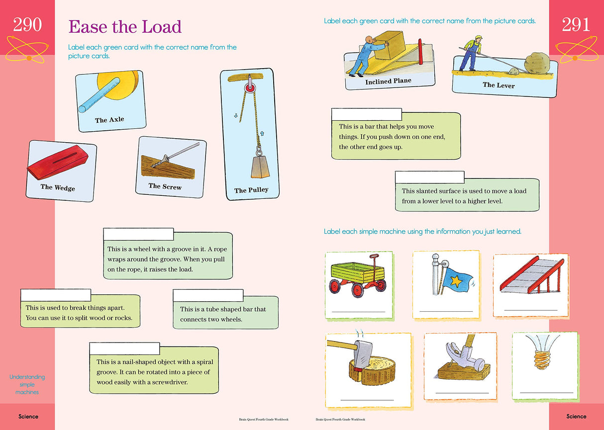 Brain Quest Workbook Grade 4 page showing labeled simple machines and interactive learning activities for science.