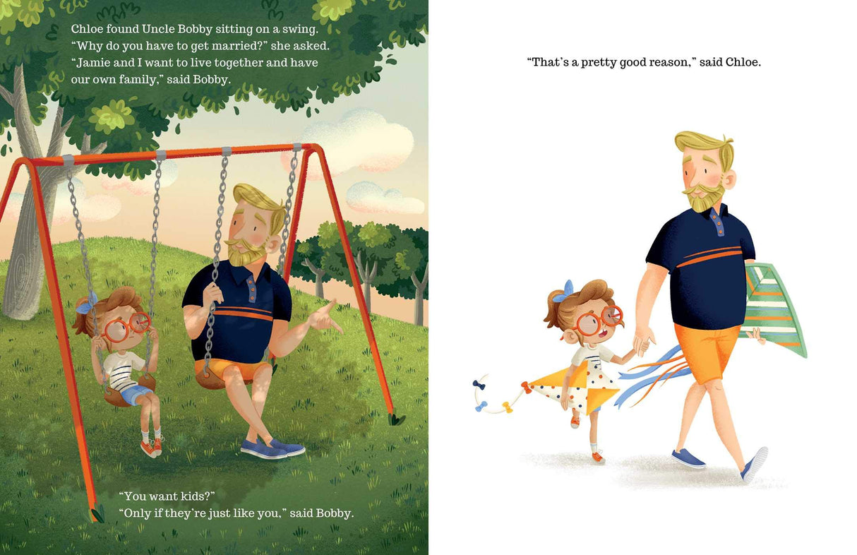 Illustration from Uncle Bobby's Wedding showing Chloe and Uncle Bobby on swings and walking together with a kite.