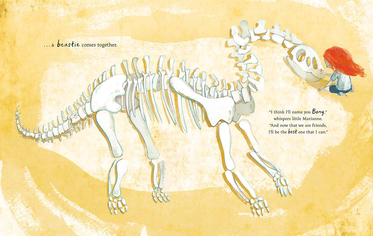 Girl and the Dinosaur shows a girl with red hair and a large dinosaur skeleton on a sandy background.