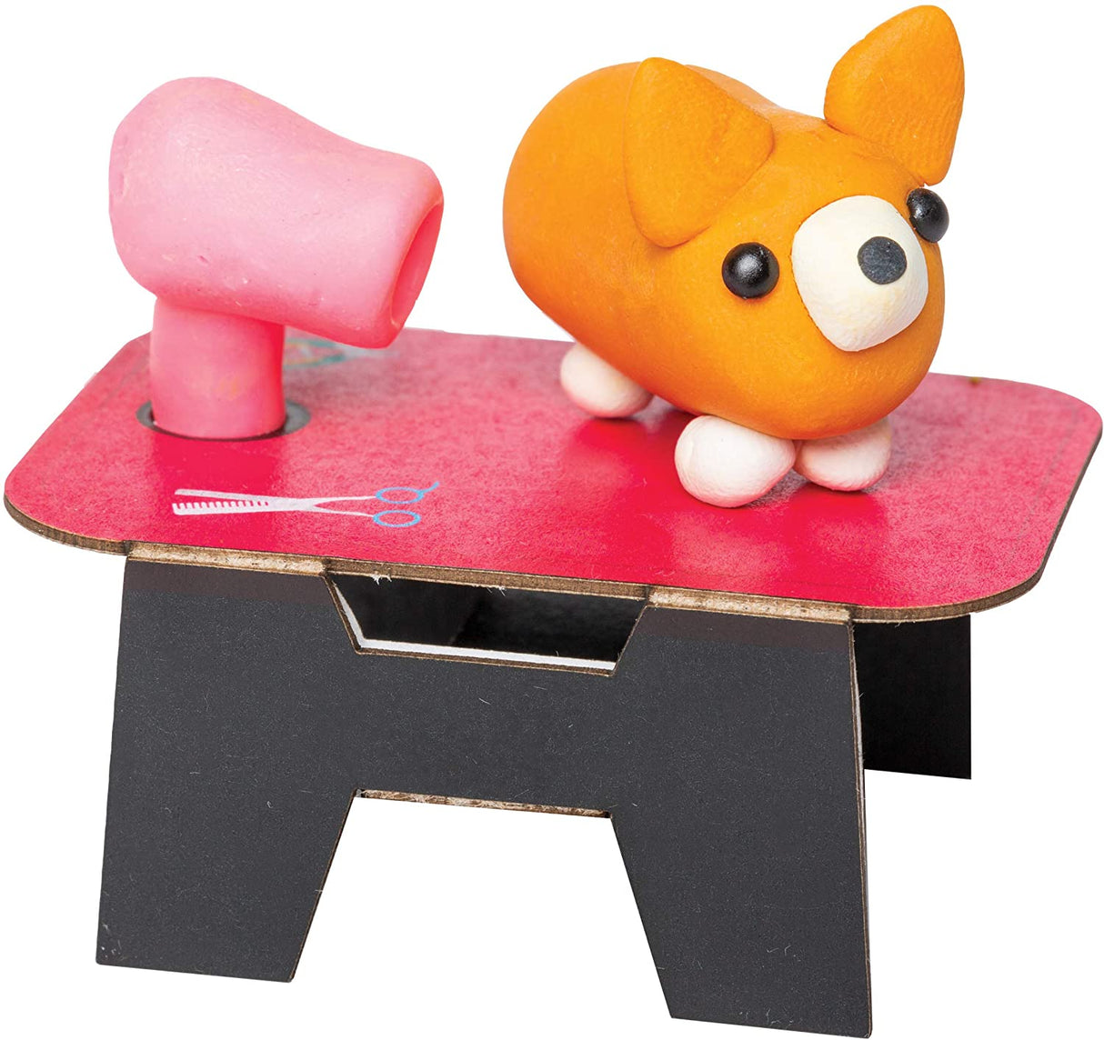 Mini Clay World Pet Adoption Truck with a clay corgi and pink clay hairdryer on a small grooming table.