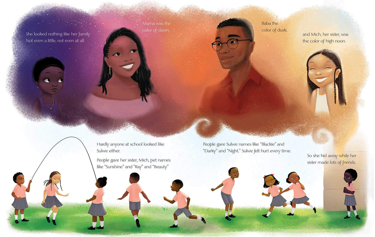 Illustration from Sulwe showing diverse family members and children playing, highlighting themes of self-esteem and beauty.