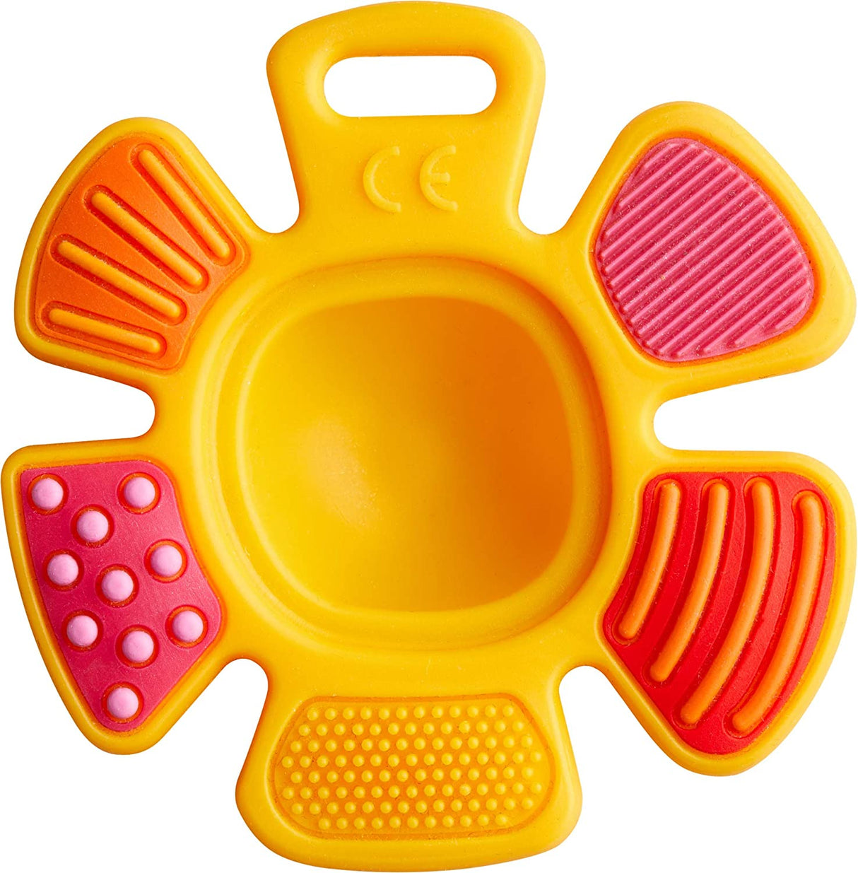 Popping Flower Silicone Teething Toy in yellow with textured petals and a center button for sensory play and teething relief.