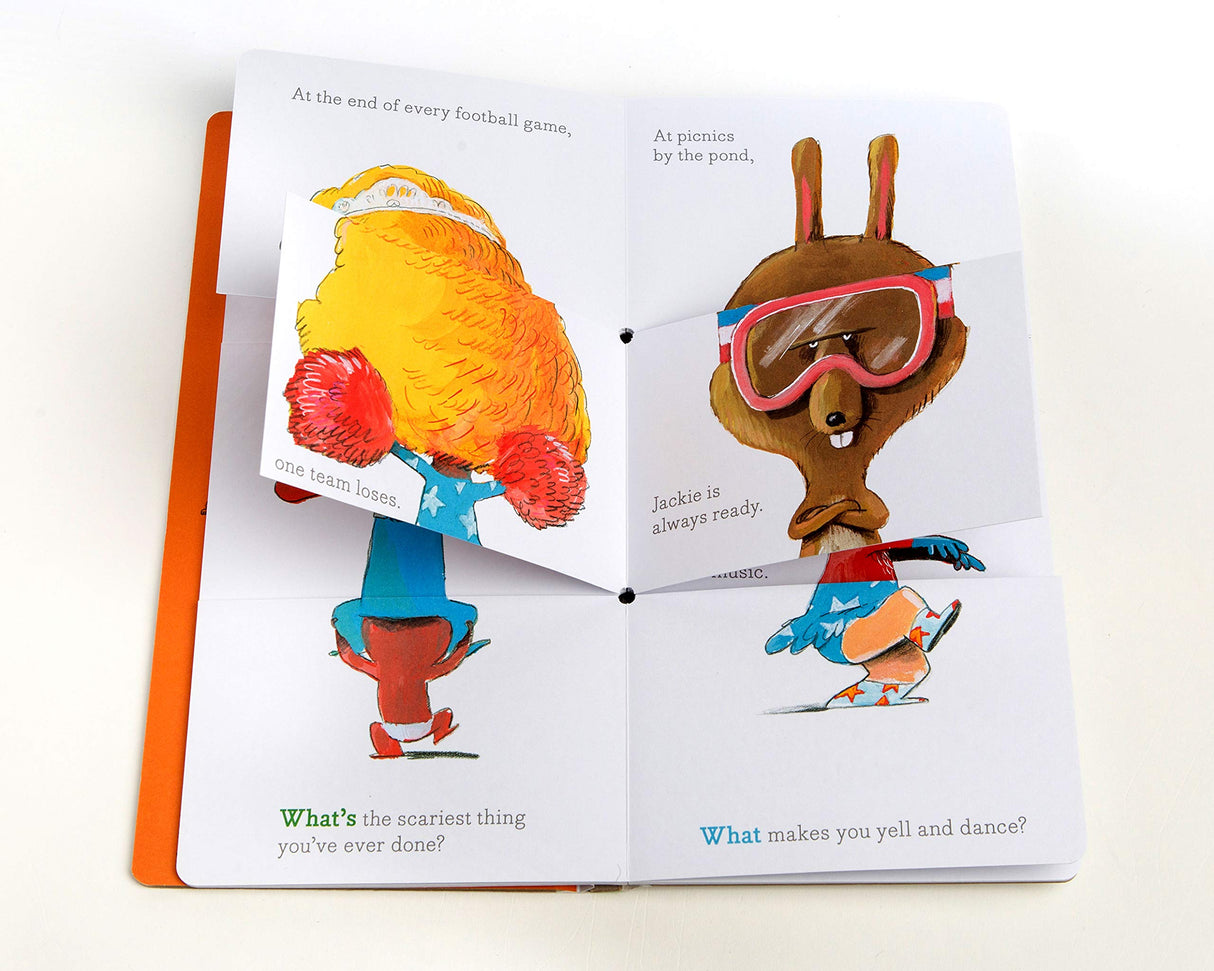 Open pages of "What's Going on Here?" showing mix-and-match die-cut characters in a colorful, playful children's book.