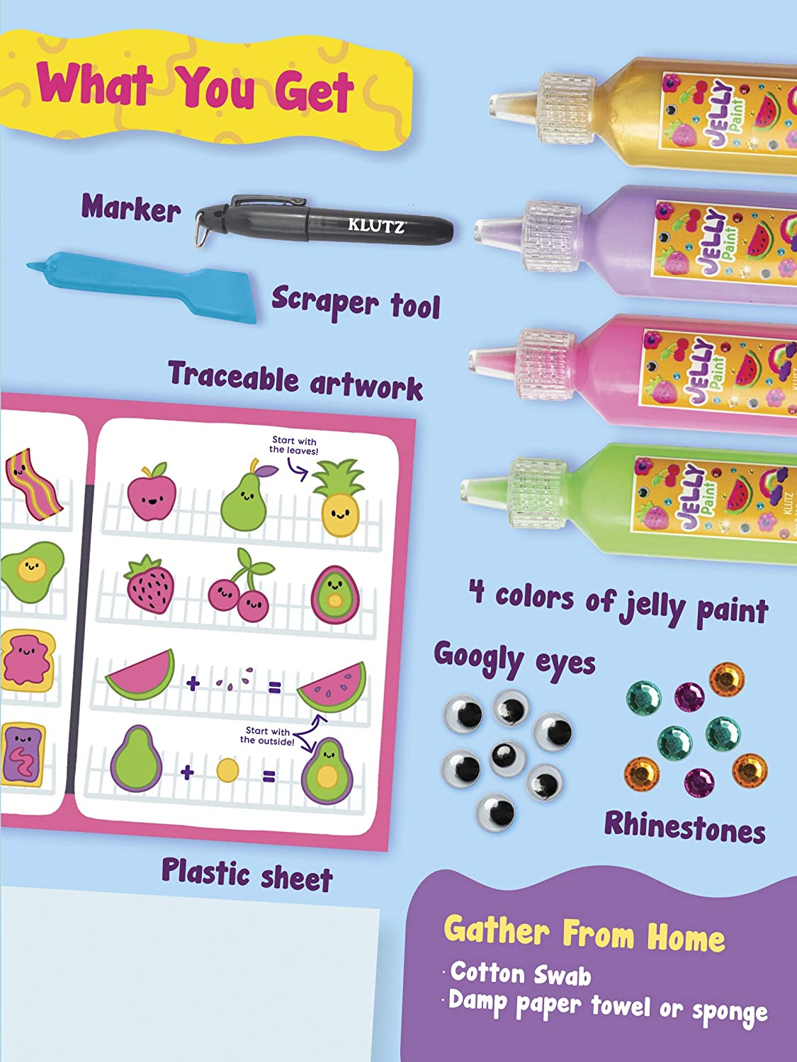 Paint & Peel Jelly Stickers kit with 4 jelly paint colors, marker, scraper, googly eyes, rhinestones, and traceable artwork.