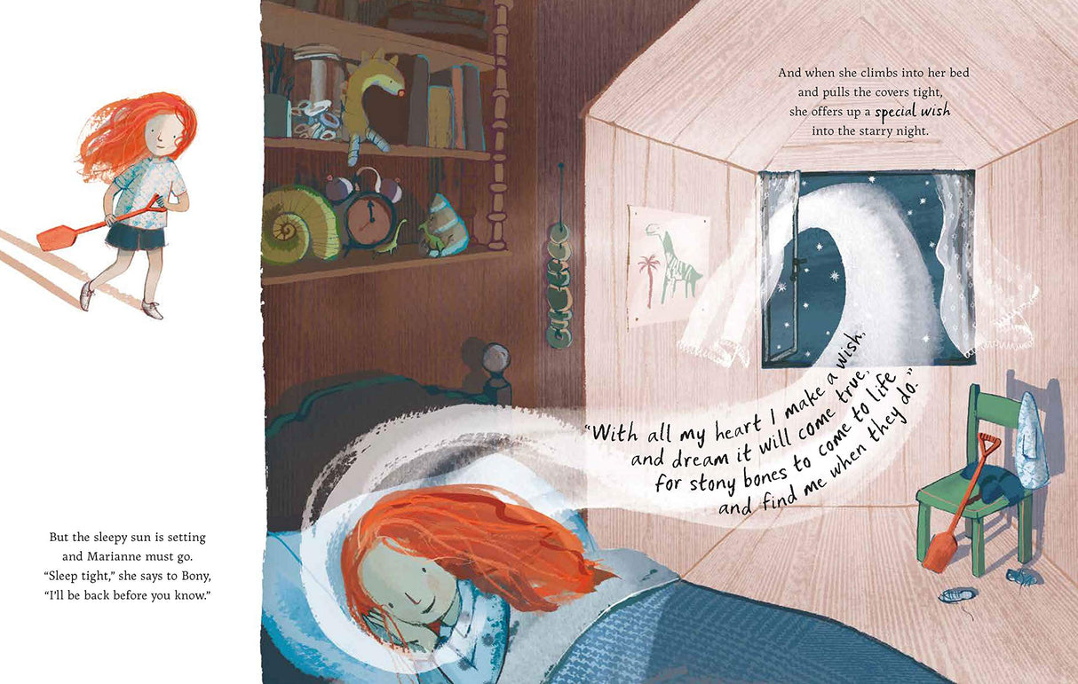 Illustration from Girl and the Dinosaur showing Marianne asleep, dreaming of her dinosaur friend under a starlit sky.
