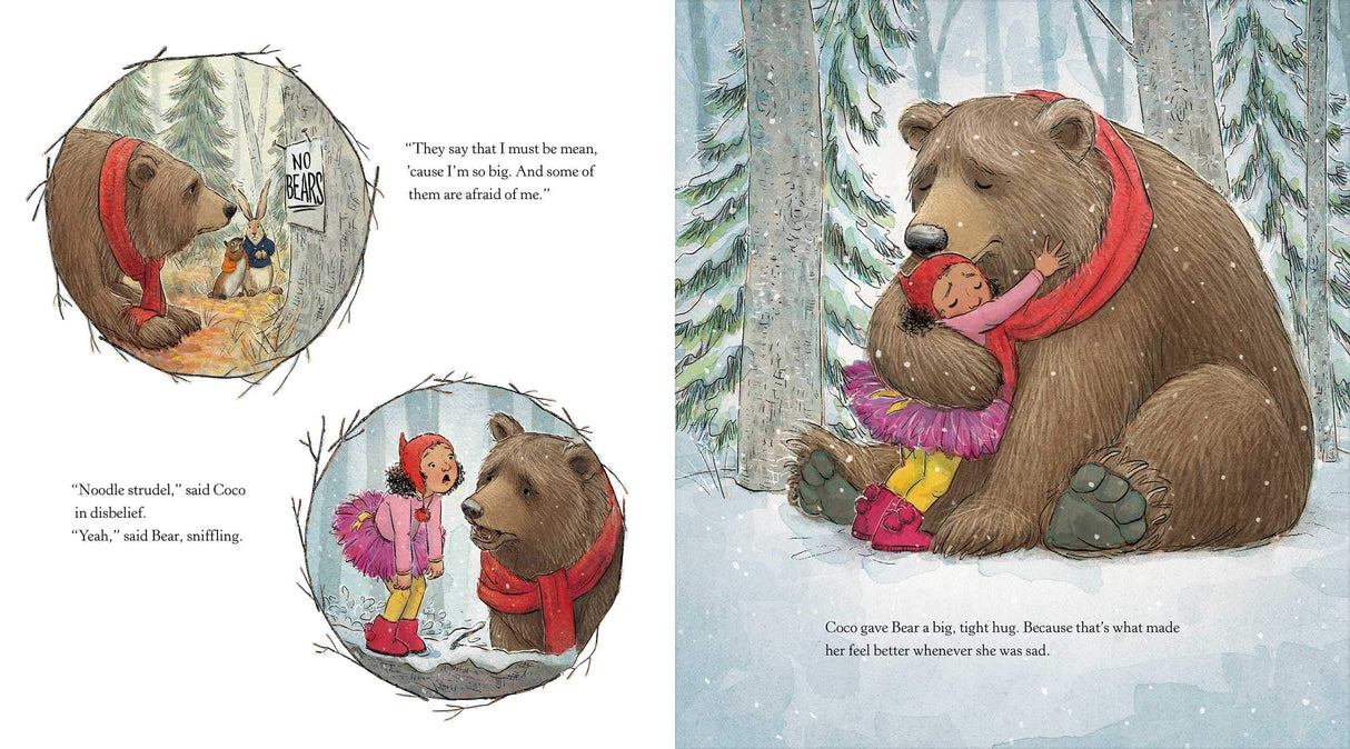 Illustration from Share Some Kindness, Bring Some Light showing Bear hugging Coco in a snowy forest.