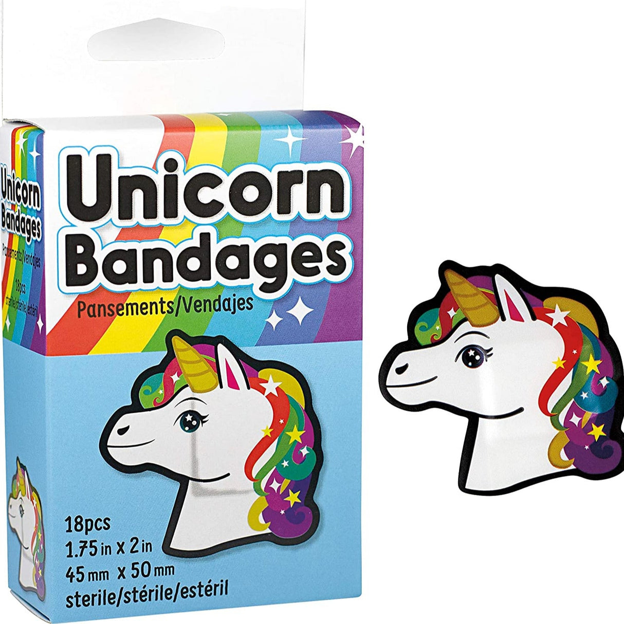 Unicorn Bandages box with 18 colorful die-cut unicorn-shaped adhesive bandages for minor cuts and scrapes.