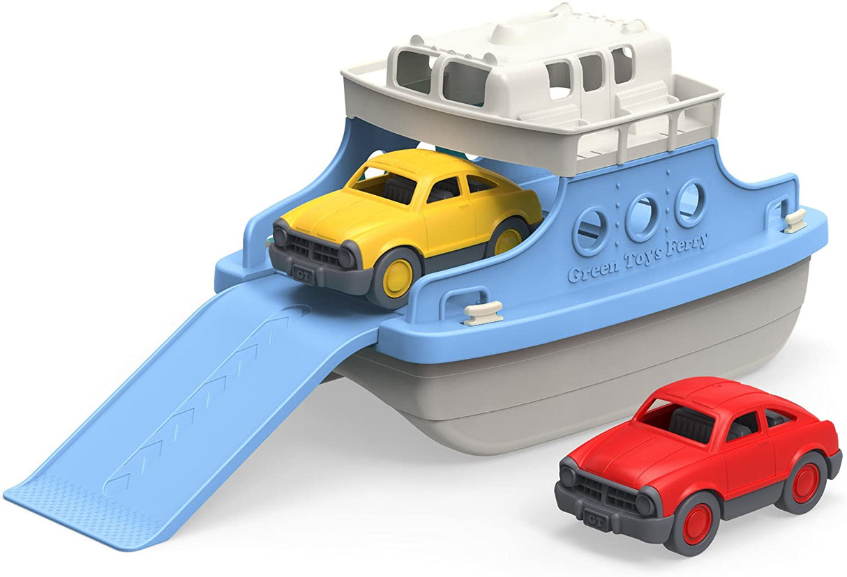 Green Toys Ferry Boat with slide-out ramp and two mini cars, made from 100% recycled plastic, perfect for water play.