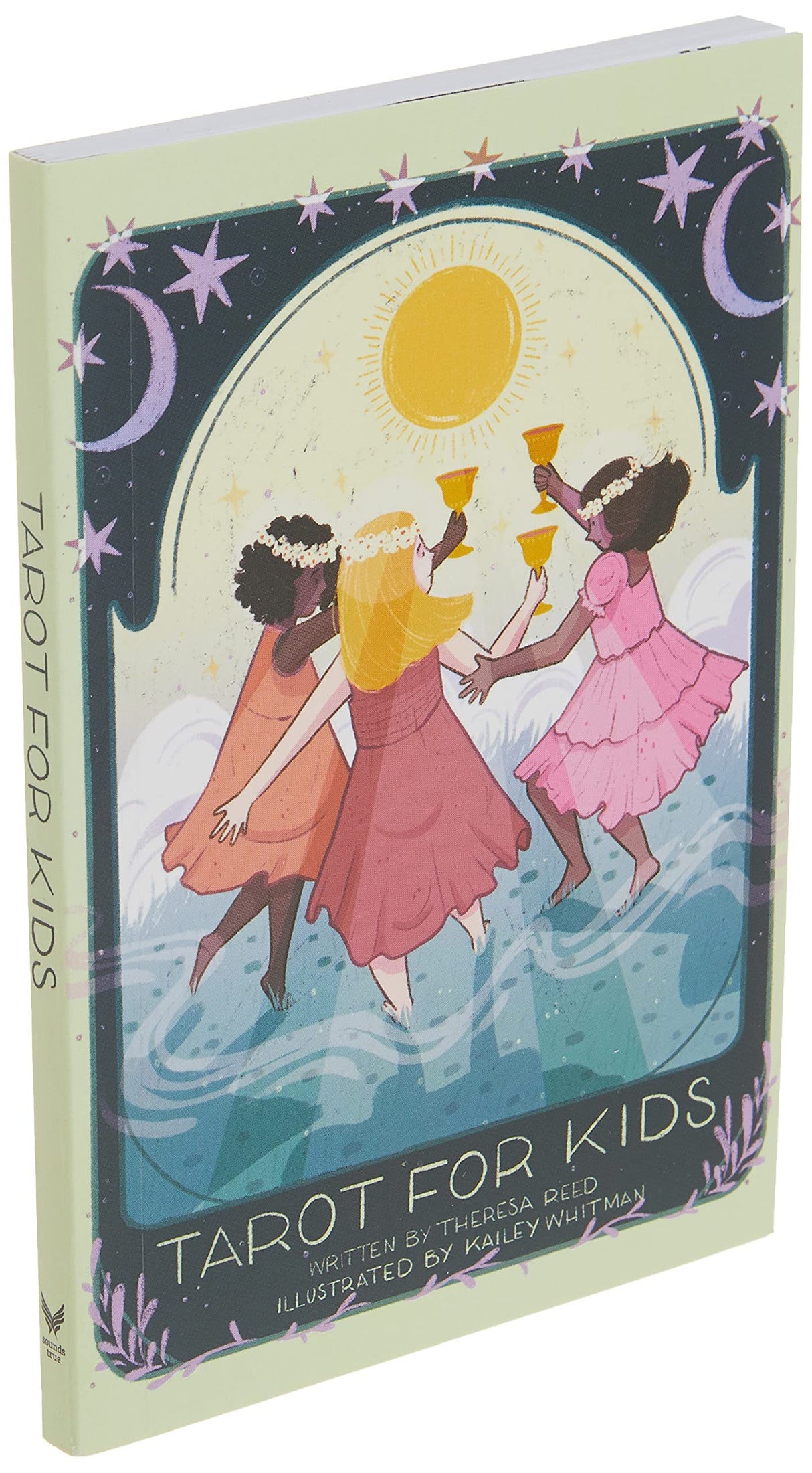 Tarot for Kids book cover showing three girls in dresses holding cups under a sun and stars background.