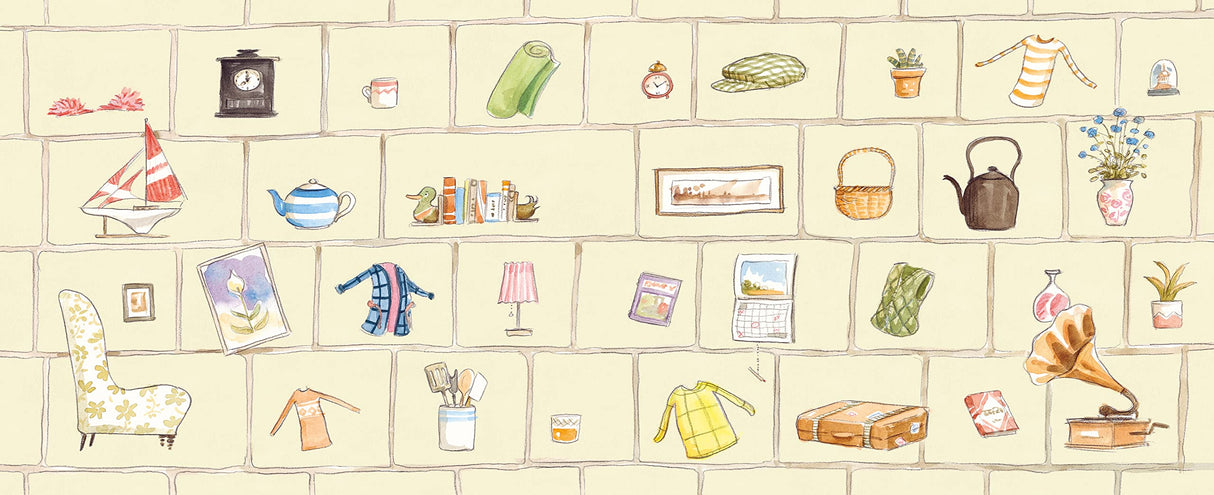 Illustration of various household items on shelves for Norton and the Borrowing Bear children's book cover.