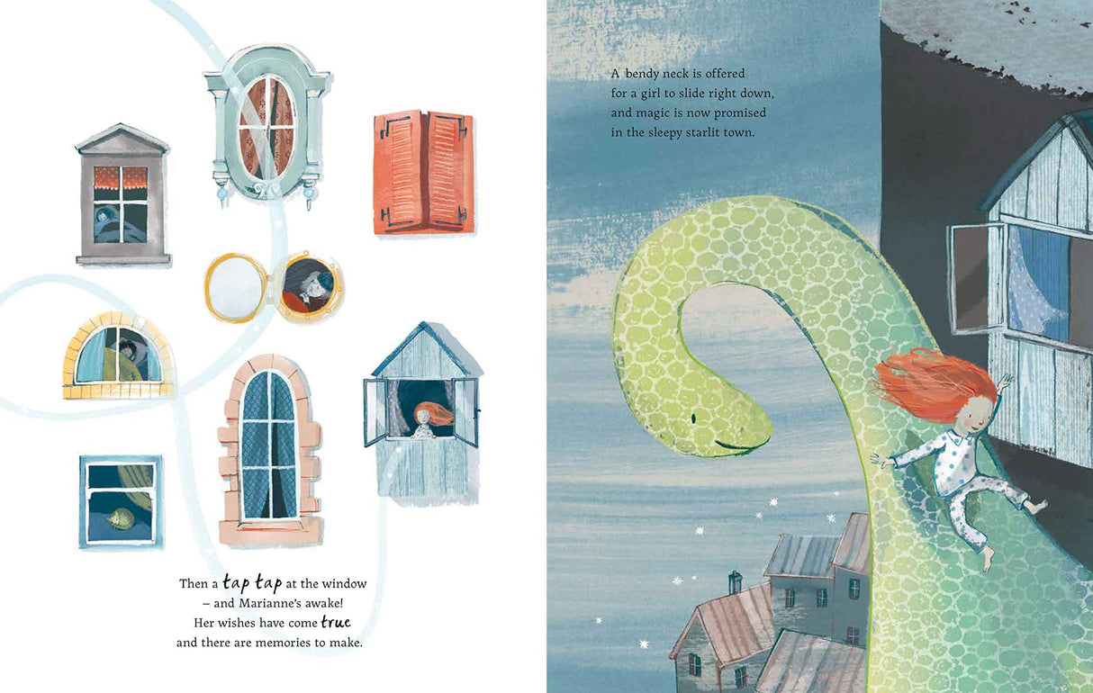 Girl and the Dinosaur showing a girl with red hair and a green dinosaur by seaside houses at dusk in a storybook illustration.