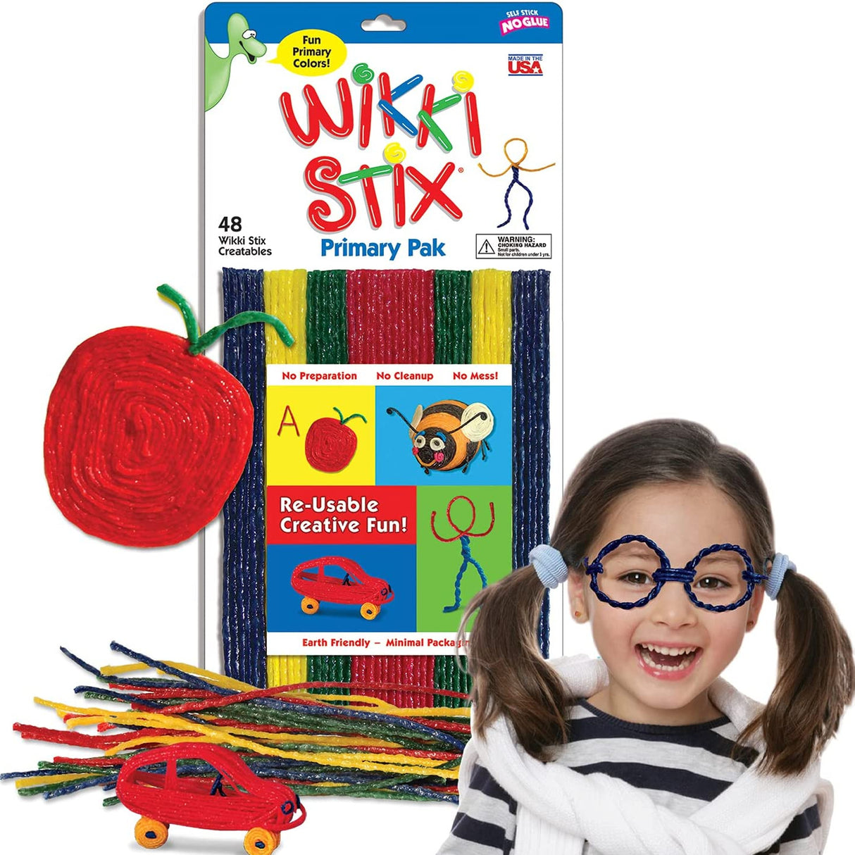 Wikki Stix Primary Pack with 48 colorful stix, creative fun crafts, no glue, no mess, and easy to reuse for kids.
