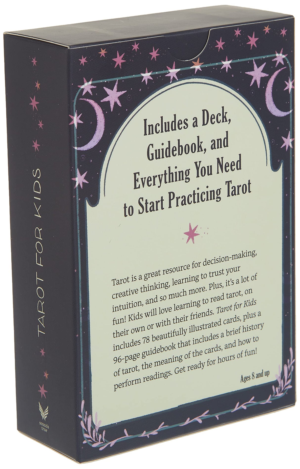 Tarot for Kids box showing deck and guidebook for ages 8 plus with friendly tarot card illustrations and instructions.