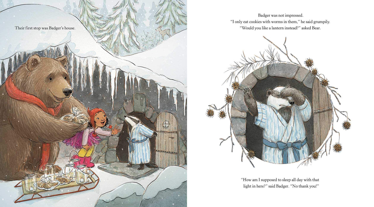 Share Some Kindness, Bring Some Light shows Bear and Coco visiting Badger's snowy home with kindness and friendship.